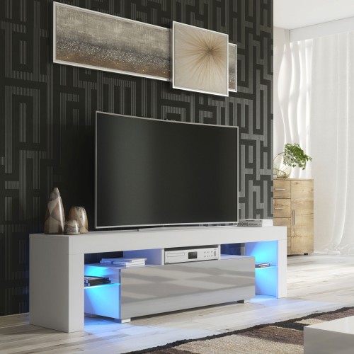 Modern White & Grey TV Unit with Free LED – 160cm Cabinet with Gloss Door & Glass Shelves