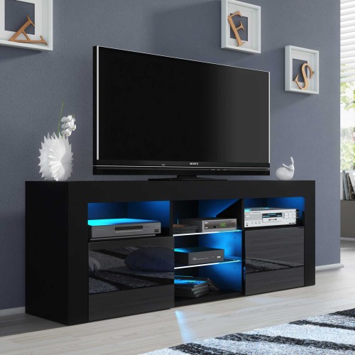 Modern Black TV Unit with Gloss Doors & Free LED – 145cm Cabinet
