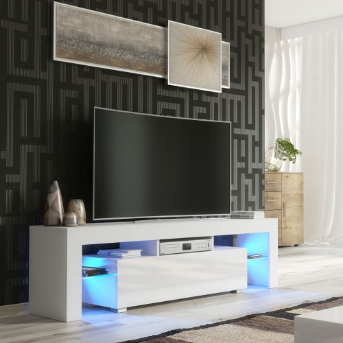 Modern White TV Unit with Free LED – 160cm Cabinet with Gloss Door & Glass Shelves