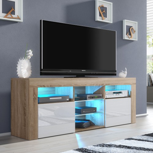Modern Oak & White High Gloss TV Unit with Free LED – 145cm Media Cabinet