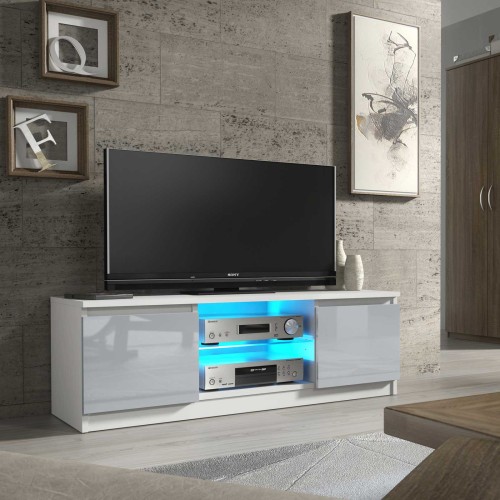 Modern White & Grey TV Unit with Gloss Doors & Free LED – 130cm Cabinet