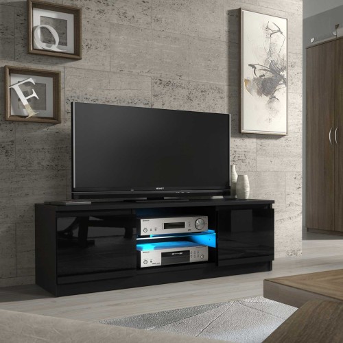 Modern Black TV Unit with Gloss Doors & Free LED – 130cm Cabinet