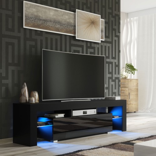 Modern Black TV Unit with Free LED – 160cm Cabinet with Gloss Door & Side Glass Shelves