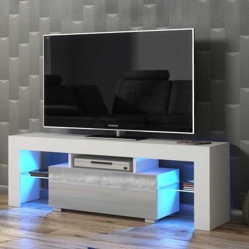 Modern White & Grey TV Unit with Gloss Door & Free LED – 130cm Media Cabinet