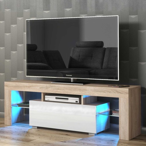 Modern Oak & White TV Unit with Gloss Door & Free LED – 130cm Media Cabinet