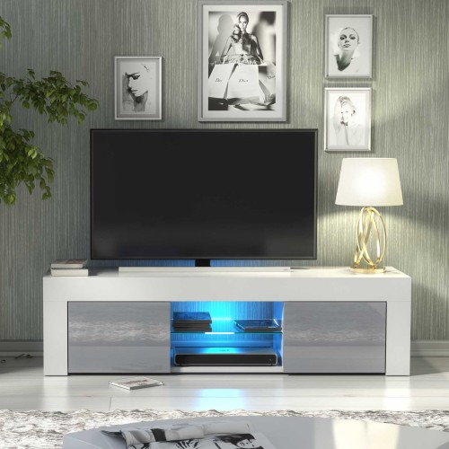 White & Grey Gloss TV Unit with Free LED – 130cm Modern Media Cabinet