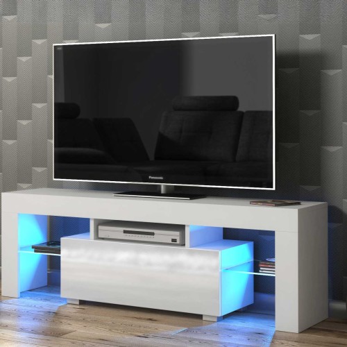 Modern White TV Unit with Gloss Door & Free LED – 130cm Media Cabinet