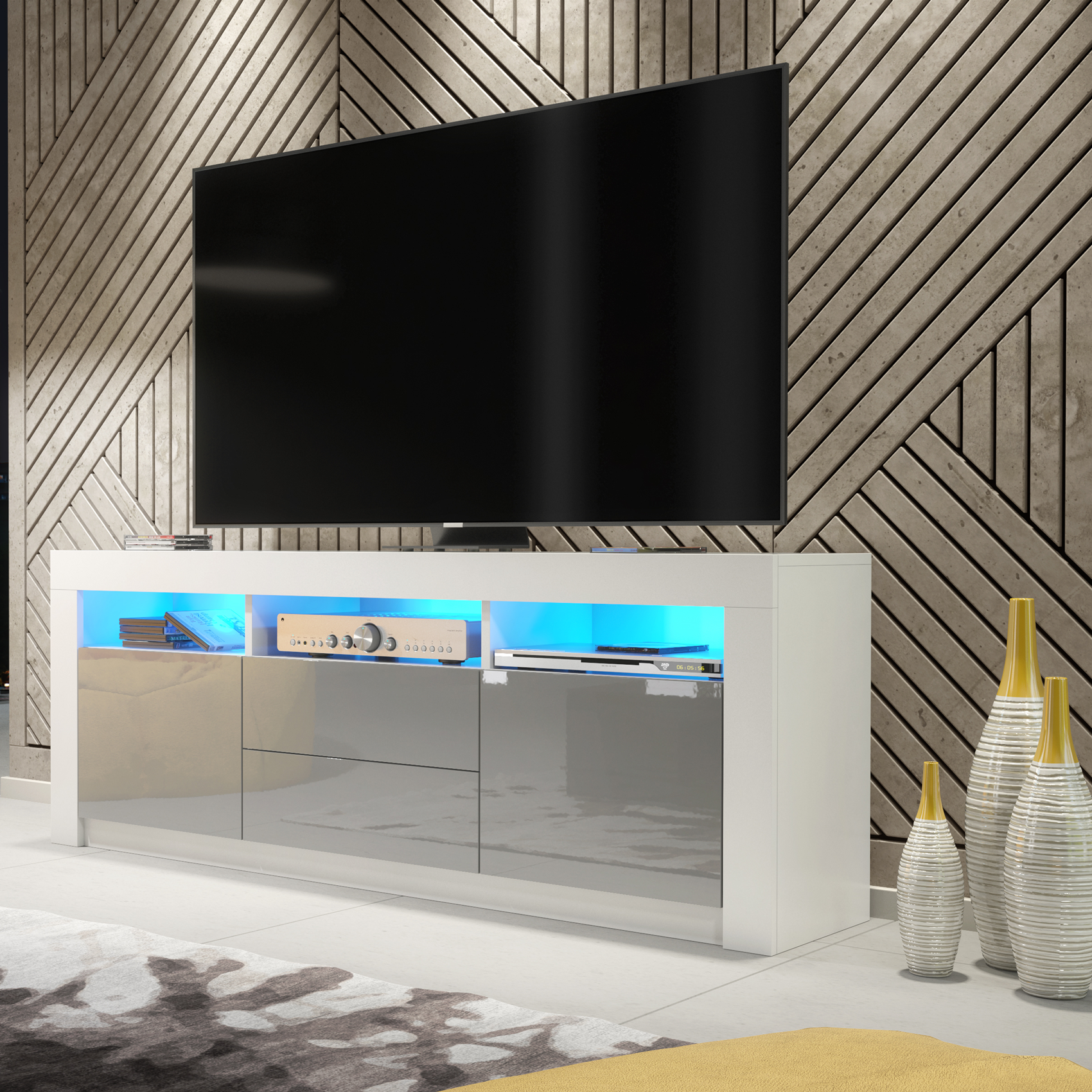 White & Grey Gloss TV Unit – 160cm Modern Cabinet with Drawers, Cupboards & Free LED Light