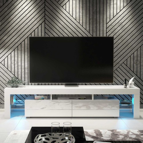 Sleek White High Gloss TV Unit with Free LED Light – 200cm Modern Media Cabinet
