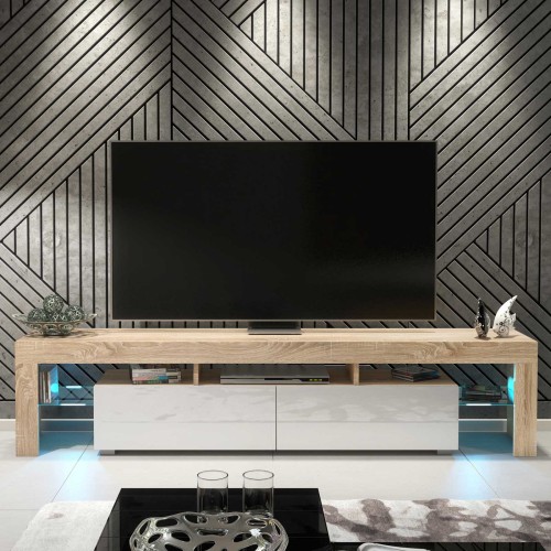 Modern Oak & White Gloss TV Cabinet with Free LED Light – 200cm Entertainment Unit