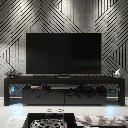 Large Black High Gloss TV Cabinet with Free LED Lighting – 200cm Modern Media Unit