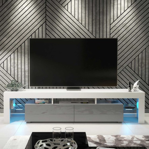 Modern White & Grey High Gloss TV Unit with Free LED Light – 200cm Contemporary Media Cabinet