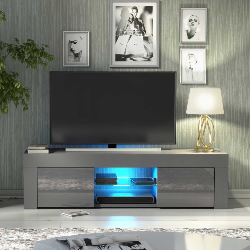 Grey Gloss TV Unit with Free LED – 130cm Modern Cabinet with Glass Shelf