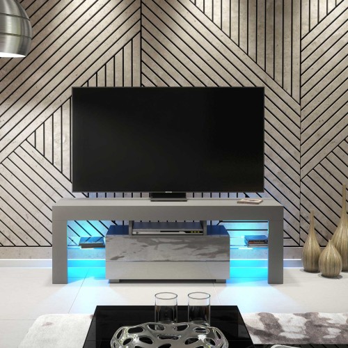 Modern Grey TV Unit with Gloss Door & Free LED – 130cm Media Stand