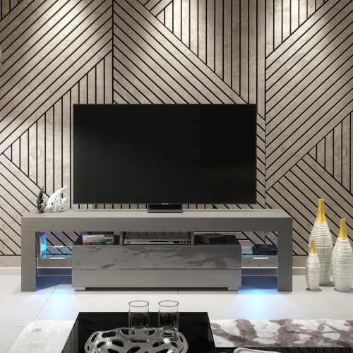 Modern Grey TV Unit with Free LED – 160cm Cabinet with Gloss Door & Side Glass Shelves
