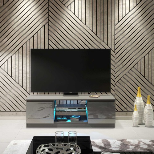 Modern Grey TV Unit with High Gloss Doors & Free LED – 130cm Cabinet