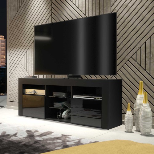 Modern Black TV Unit with Gloss Doors – 145cm Cabinet for Stylish Storage and Entertainment