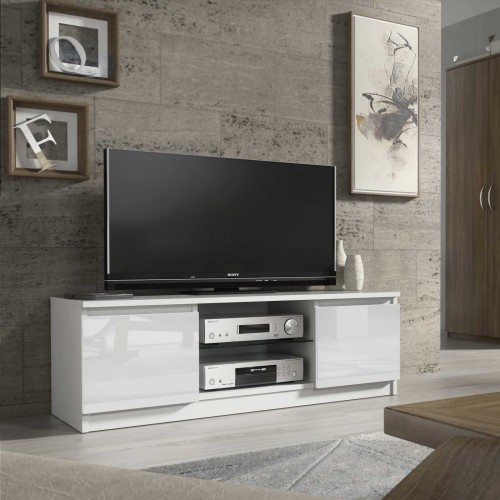 Modern White TV Unit with High Gloss Doors – 130cm Media Cabinet