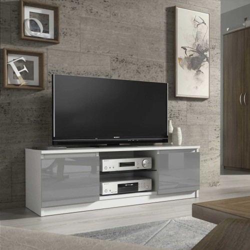 Modern White TV Unit with Grey Gloss Doors – 130cm Media Cabinet