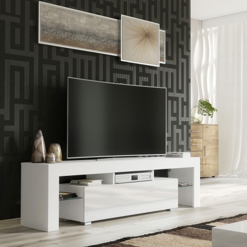 Modern White TV Unit – 160cm Cabinet with Gloss Door & Side Glass Shelves