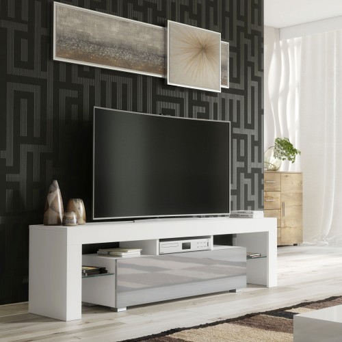Modern White & Grey TV Unit – 160cm Cabinet with Gloss Door & Side Glass Shelves