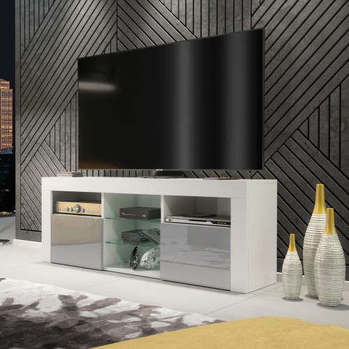 Modern White & Grey TV Unit with Gloss Doors – 145cm Media Cabinet for Contemporary Interiors