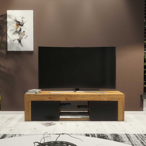 Modern Oak & Black TV Unit with Matt Doors – 130cm Media Cabinet