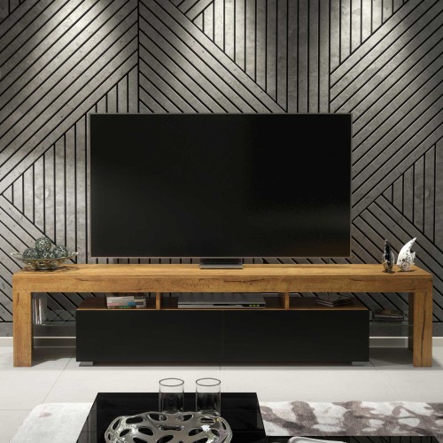 Modern Oak & Black TV Unit with Matt Doors – 200cm Media Cabinet