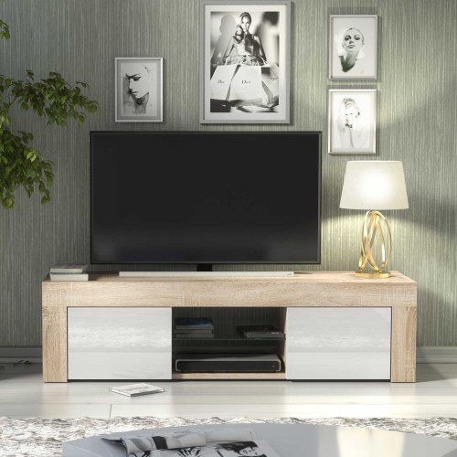 Oak and White Gloss TV Stand – Modern 130cm Media Unit with Glass Shelf