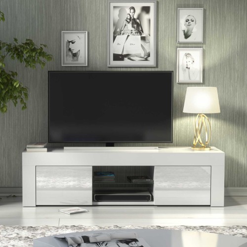 Modern White Gloss TV Stand – 130cm Modern Media Cabinet with Glass Shelf