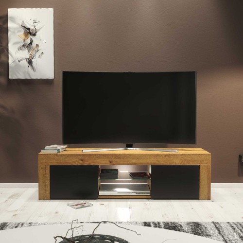 Modern TV Stand 130cm – Oak Matt Body & Black Matt Doors + White LED