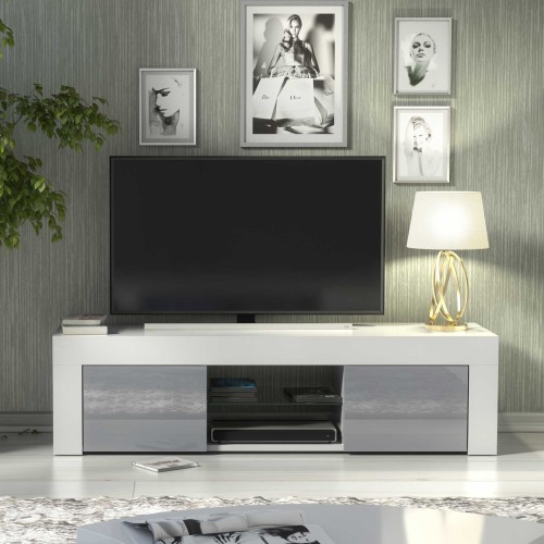 White and Grey Gloss TV Stand – 130cm Modern Media Cabinet with Glass Shelf
