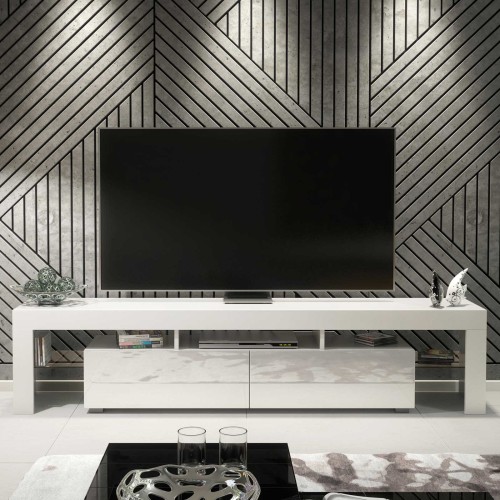 Modern White TV Unit with Gloss Doors – 200cm Media Cabinet