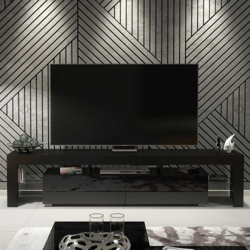Modern Black TV Unit 200cm – Matt Body & Gloss Doors – Stylish Storage Cabinet