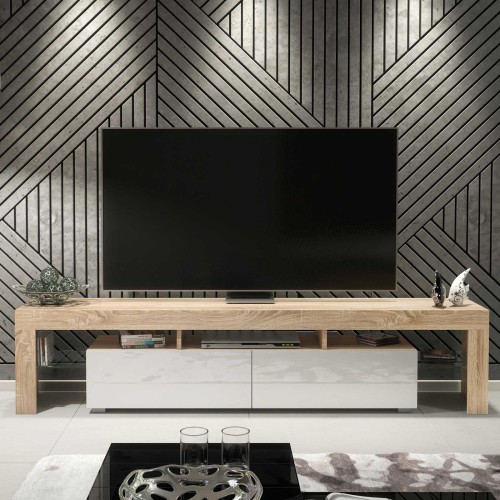 200 cm Modern TV Stand with Storage – Oak Matt Body & White Gloss Doors