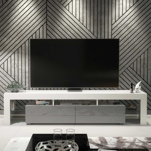 Modern White & Grey TV Unit with Gloss Doors – 200cm Media Cabinet