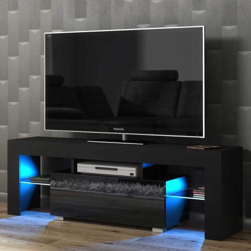 Modern Black TV Unit with Gloss Door & Free LED – 130cm Media Cabinet