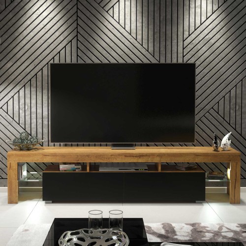 200cm Oak Matt TV Unit with Black Matt Doors – 2 Glass Shelves & Free LED Lighting