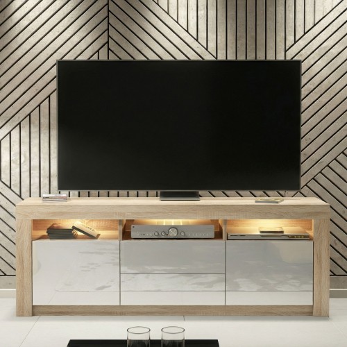 Oak & White Gloss TV Unit – 160cm Modern Media Cabinet with Drawers, Cupboards & Free WHITE LED Lights