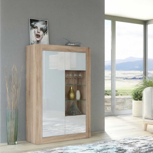 Oak & White Gloss Display Cabinet 93cm Tall Modern Storage Unit