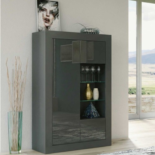 Grey Gloss Display Cabinet 93cm Tall Modern Storage Unit with Glass Shelves