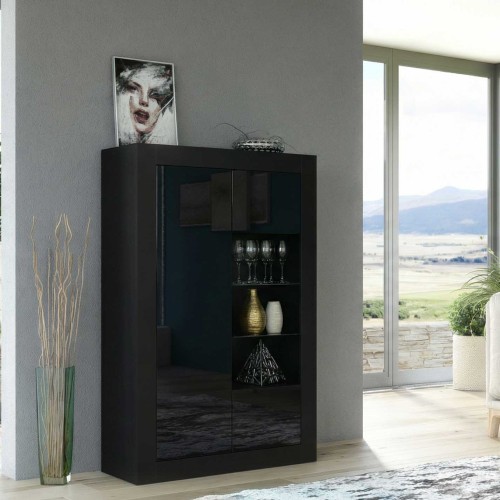 Black Gloss Display Cabinet 93cm Tall Modern Storage Unit