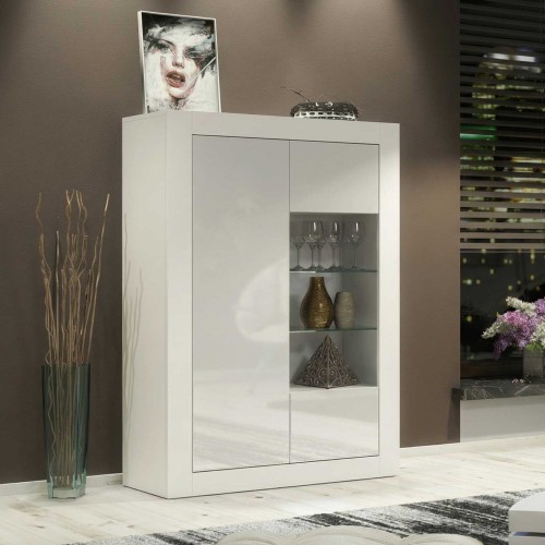 White Gloss Display Cabinet 93cm Tall Modern Storage Unit with Glass Shelves