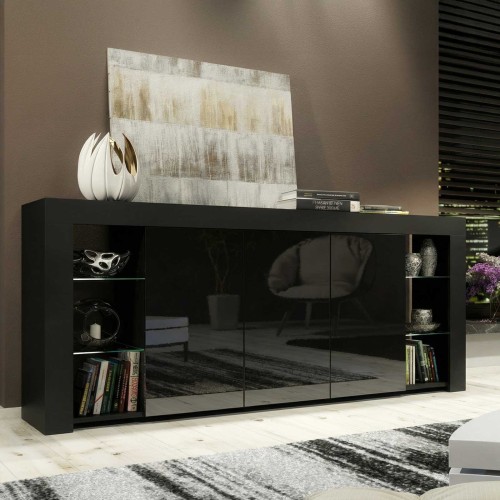 Black High Gloss Sideboard 164cm Large Modern Storage Cabinet with Glass Shelves for Living Room Dining Room