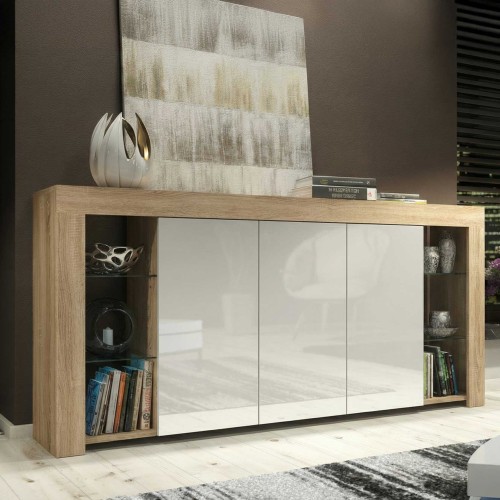 Oak and White High Gloss Sideboard 164cm Large Modern Storage Cabinet with Glass Shelves for Living Room Dining Room