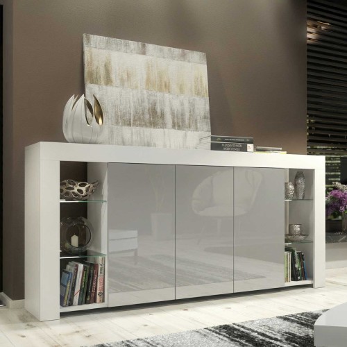 White and Grey High Gloss Sideboard 164cm Large Modern Storage Cabinet with Glass Shelves for Living Room Dining Room