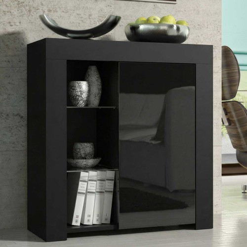Black High Gloss Sideboard 75cm Modern Compact Storage Cabinet with Glass Shelves for Living Room Hallway Bedroom