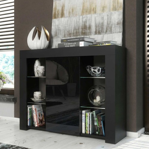 Black Gloss Sideboard 97.5cm Modern Storage Cabinet with Glass Shelves