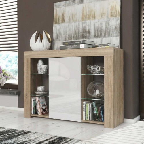 Oak & White Gloss Sideboard 97cm Modern Storage Cabinet with Glass Shelves