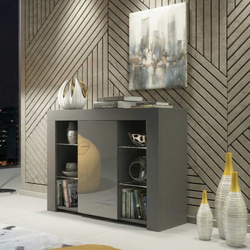 Grey Gloss Sideboard 97cm Modern Storage Cabinet with Glass Shelves